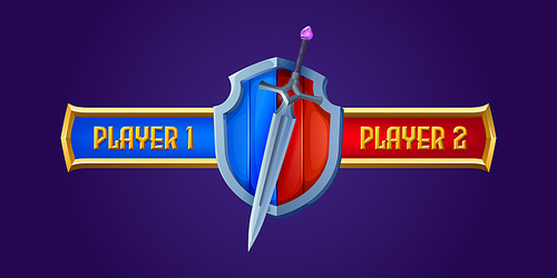 battle scoreboard for rpg game, medieval or magic sword and wooden shield separated on blue and red parts. vs, fight interface for player one vs player two, gamer competition vector illustration