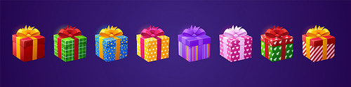 Gift boxes 3d birthday presents in colorful wrapping paper and bows. Bonus, award, Christmas, Valentine or boxing day, New Year celebration isolated objects, design elements, Cartoon vector icons set