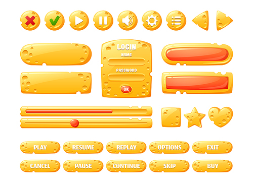 Cheese game ui buttons, cartoon menu interface gui elements of yellow color with holes texture. Progress bar, user settings panel, slider, pause, arrow, login and password board, isolated vector set