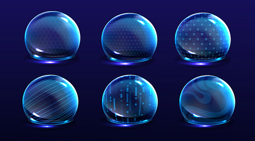 Force shield bubbles, energy glowing spheres or defense dome fields. Science fiction various deflector elements, firewall absolute protection isolated on blue background, Realistic 3d vector set