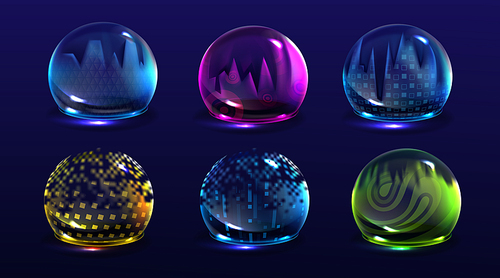 Broken bubble shields, damaged protection force fields. Vector realistic set of cracked safety energy barrier, shiny spheres with fracture. Broken defence concept