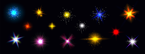 Star light glow, shiny colorful vector glare, bright twinkle or explosion effect with radiant beams. Sparkles and magic flare graphic design elements, glitter and fireworks isolated realistic 3d set