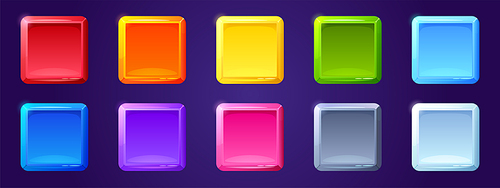 Set of game ui app icons, square buttons, cartoon menu interface colorful blocks. Gui graphic design elements for user panel settings red, blue, yellow, green, purple isolated 2d vector illustration