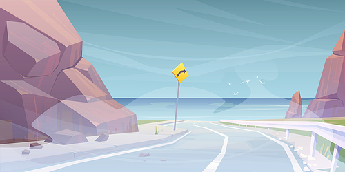 Car road to sea beach in fog. Vector cartoon landscape of ocean shore, mountains and highway with sign at cold misty weather. Summer seascape with road and rocks on coast