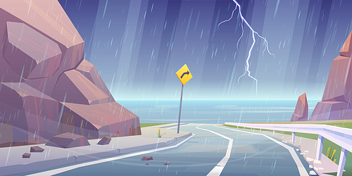 Thunderstorm with lightning and rain at mountain road with seaview, storm at curly empty asphalt highway in rocky landscape with turn sign. Speedway rainy background. Cartoon vector illustration