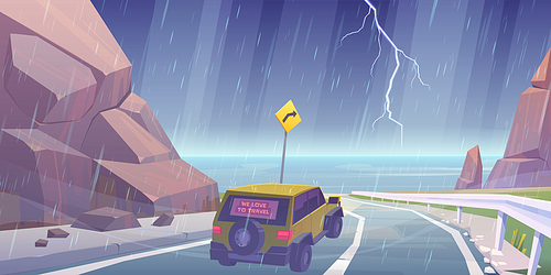 Car driving on road to sea beach in rain. Vector cartoon landscape of ocean shore, mountains and highway with SUV. Seascape with storm, lightning in sky, road and rocks on coast