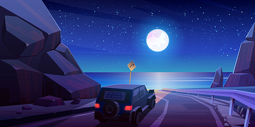 Night road trip by car, travel on jeep driving at highway in mountains with beautiful seaview landscape under full moon and starry sky. Journey to ocean at summer holidays cartoon vector illustration