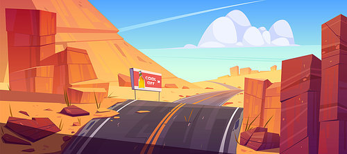 Road and billboard in desert with red rocks. Vector cartoon landscape of hot sand desert with highway turn, advertising banner with beer bottle and orange mountains