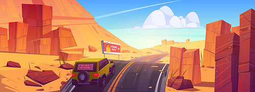 Car driving road in desert or canyon, jeep riding asphalt highway travel route with ad billboard and rocks around. Roadway landscape with skyline, rocky barren wasteland, Cartoon vector illustration