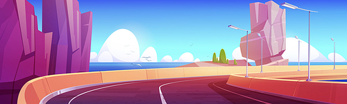Car overpass road on sea shore with mountains and green bushes. Vector cartoon landscape of ocean shore, rocks and highway bridge with metal crash barrier. Summer seascape with road on coast