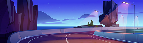 Car road on sea shore at sunset or sunrise. Vector cartoon landscape of ocean shore, mountains and highway with street lamps and concrete fencing. Summer seascape with road and rocks on coast