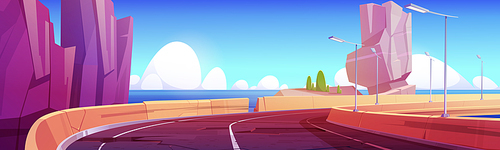 Old broken road with holes in asphalt and fencing. Mountain speedway covered with cracks and pits, ocean travel scenic landscape with crashed highway and seaview background Cartoon vector illustration