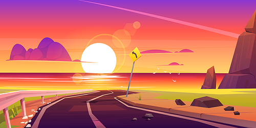 Road to sea beach sunset landscape. Mountain asphalt way with dusk seaview, curly empty highway with turn sign in rocky shore. Summer travel to ocean scenic background, Cartoon vector illustration