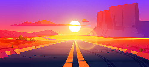 Road in desert sunset scenery landscape with rocks and dry ground. Straight empty highway in Arizona Grand Canyon, asphalted way disappear into the distance with dusk sun. Cartoon vector illustration