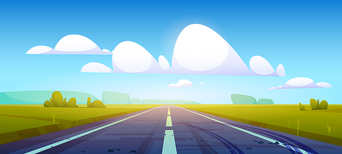 Car road in fields with green grass and forest on horizon. Vector cartoon illustration of summer countryside landscape with meadows, clouds in blue sky and highway with tire tracks on asphalt