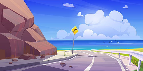 Mountain asphalt road with seaview, curly empty highway in rocky summer time countryside landscape with turn sign. Speedway travel scenic background with blue cloudy sky. Cartoon vector illustration