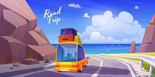 Road trip by car at summer vacation, holidays travel on automobile with bags on roof going at highway in mountains with seaview. Family leisure on ocean, nature journey, cartoon vector illustration