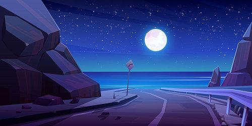 Mountain road with night seaview, empty asphalt highway under full moon glow in starry sky at summer time. Rocky landscape with ocean, turn sign, speedway scenic background Cartoon vector illustration
