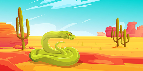 Green pit viper, exotic snake in desert. Vector cartoon illustration of desert landscape with hot sand, mountains, cactuses and wild serpent with coiled long tail