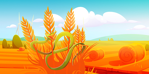 Snake Trimeresurus Salazar at autumn field. Green serpent with yellow eyes twine dry bush at beautiful sunny day landscape. Wild reptile lifestyle, venom animal at nature, Cartoon vector illustration