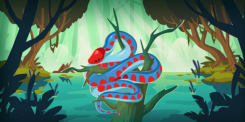Snake San Francisco garter or Thamnophis sirtalis tetrataenia in forest swamp. Serpent with red head, spots and blue body relaxing on old snag in wood, wild reptile life, Cartoon vector illustration