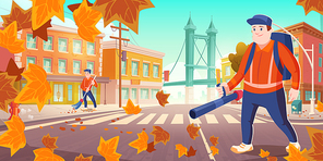 Urban sanitary service works. Janitors street cleaners sweeping dust and blowing out fallen leaves on cityscape background. Men with blower and broom cleanup autumn city, cartoon Vector illustration