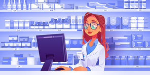 Pharmacist at counter in pharmacy with shelves with medicines on background. Vector drugstore interior with apothecary woman working at computer, medical products, pills and vitamins