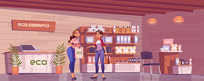 Woman in eco cosmetics store, assistant offer makeup or skincare production to customer in beauty goods shop. Saleswoman stand at showcase with cosmetic bottles on shelves. cartoon vector illustration