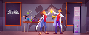 Happy chemists in chemical laboratory holding glass flask with glow liquid doing scientific research in class with science equipment tubes, beakers and blackboard on wall cartoon Vector illustration