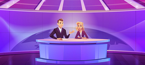 Tv presenters broadcasting news in modern television studio with earth globe on huge panoramic screen. Anchorman and woman newscasters reporting program sitting at desk, Cartoon vector illustration