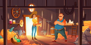 Farmers in barn with chickens, straw and pumpkins. Vector cartoon interior of wooden shed with hay stacks, hens, garden tools and sacks. Man and woman with harvest in crate in barnhouse on farm