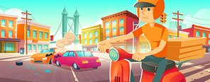 Car accident on city road with two broken automobiles with steam and dents stand on highway and courier with pizza riding on scooter. Auto collision, urban traffic concept. Cartoon vector illustration