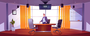 Businessman in conference room for meetings, presentation for team, discussion or training. Vector cartoon illustration of man in of boardroom in company office with table, chairs, screen and board