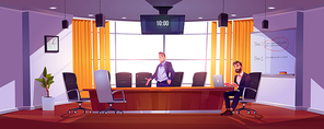 Job hire, hr manager, employer invite candidate in office vacant place. Businessman with laptop sit at desk reading applicant cv or head hunting. Human resources recruiting Cartoon vector illustration
