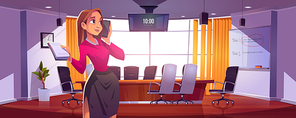 Businesswoman in conference room for meetings, presentation for team or discussion. Vector cartoon illustration of girl manager or secretary with notebook and phone in of boardroom in company office