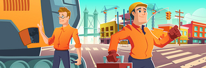City street with builders, machinery and construction site with tower cranes. Vector cartoon illustration of workers in orange uniform, excavator on road and building works in town