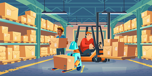 Warehouse with worker in forklift, man and robot holding cardboard boxes. Vector cartoon illustration of storage room interior with goods on metal racks, lift truck with driver and autonomous robot