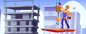 Builder on construction site, worker character in hardhat and overalls stand on platform lifting with crane up on building roof at cityscape baclground. Contractor job, Cartoon vector illustration