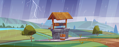 old stone well with  water on green hill at rainy weather. vector cartoon summer landscape vintage well with wooden roof, pulley and bucket. summer storm with rain and lightning
