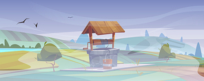 Old stone well with drinking water on green hill. Summer foggy early morning landscape with vintage rural well with wooden roof, pulley and bucket on rope, farm or village Cartoon vector illustration