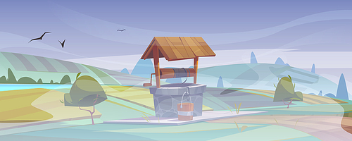 old stone well with  water on green hill. summer foggy early morning landscape with vintage rural well with wooden roof, pulley and bucket on rope, farm or village cartoon vector illustration