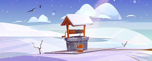 winter landscape with old stone well with  water on snowy hill. vintage well with snow on wood roof, pulley and bucket. basin for water source or spring in village, cartoon vector illustration