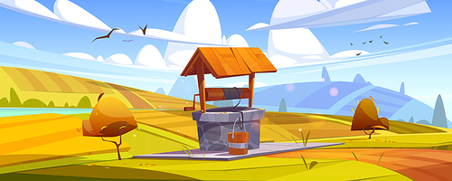 old stone well with  water on yellow hill. vector cartoon autumn landscape with fields, orange bushes and vintage well with wooden roof, pulley and bucket