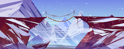 Winter landscape with mountains, suspension bridge over precipice and ice peaks. Vector cartoon illustration of snow rocks, wooden rope bridge over abyss between cliffs and snowfall
