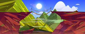 Suspended bridge hang above steep mountain cliff, green rocky landscape background. Beautiful scenery nature view with rope bridgework connect rock edges at summer day, Cartoon vector illustration