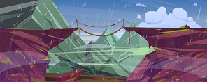 Mountain landscape with suspension bridge over precipice and rain. Vector cartoon illustration of high rocks and wooden rope bridge over abyss between cliffs at rainy weather