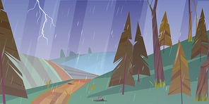 Thunderstorm landscape with rain and lightning.Vector cartoon illustration of storm weather in countryside with green fields, hills, road and coniferous forest