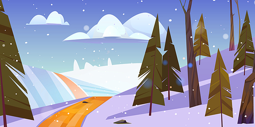 Winter landscape with snow lying on field and road going along fir-trees under cloudy sky with falling snowflakes. Cartoon nature background with conifers trees and spruces in wood vector illustration