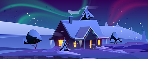 House with christmas decoration at night. Winter landscape with snow, cottage and aurora borealis in sky. Vector cartoon illustration with northern lights, snowy hills and house