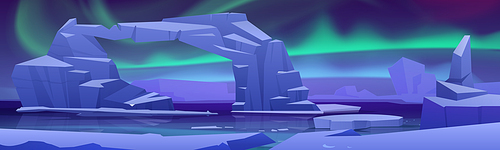 Arctic aurora borealis at North Pole landscape with ice glaciers on frozen ocean. Arctic or Polar lights natural phenomena, iridescent glowing illumination on night sky, Cartoon vector illustration